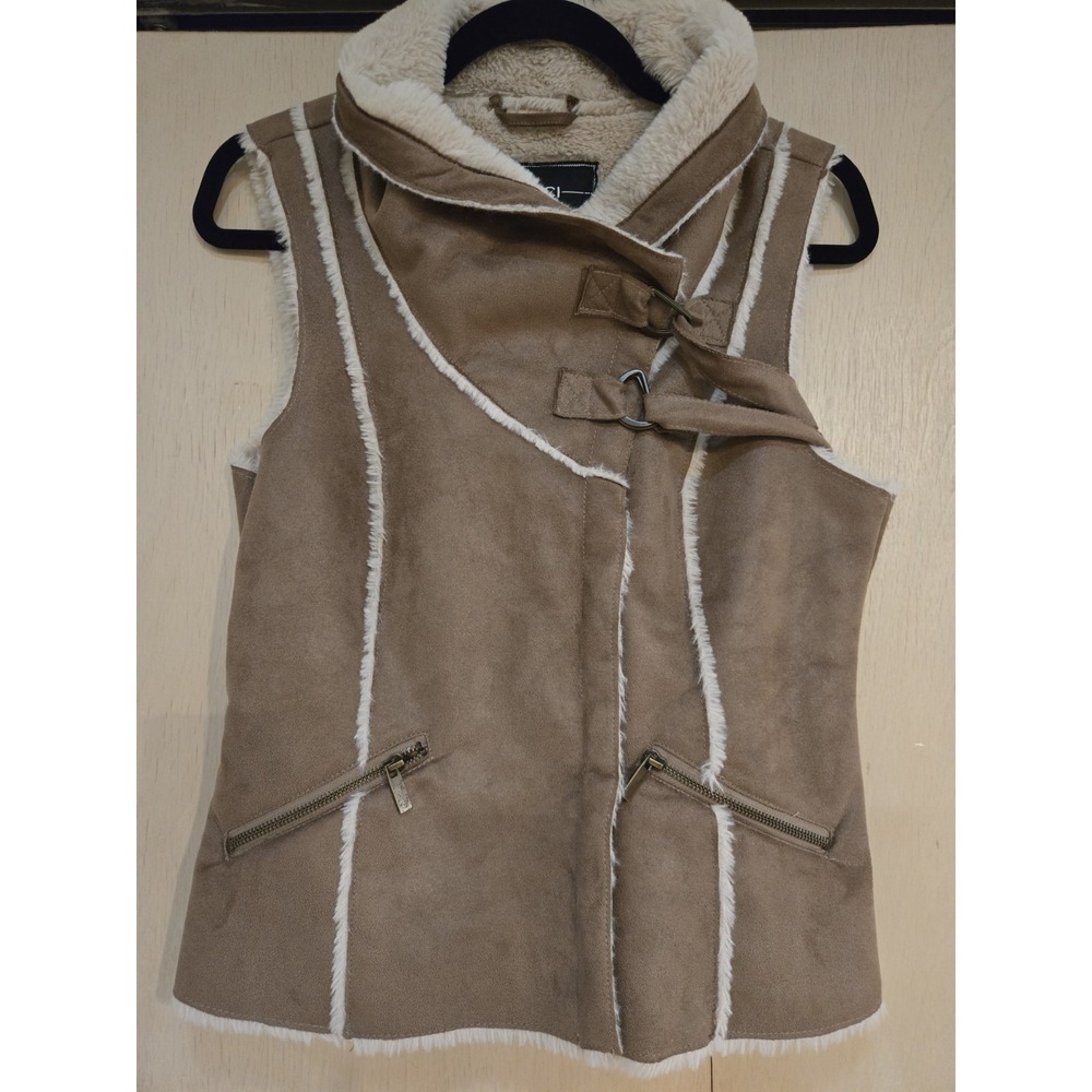 BNCI by Blanc Noir Faux Suede Shearling Vest Size S Tan Cream Fur Trim Toggle